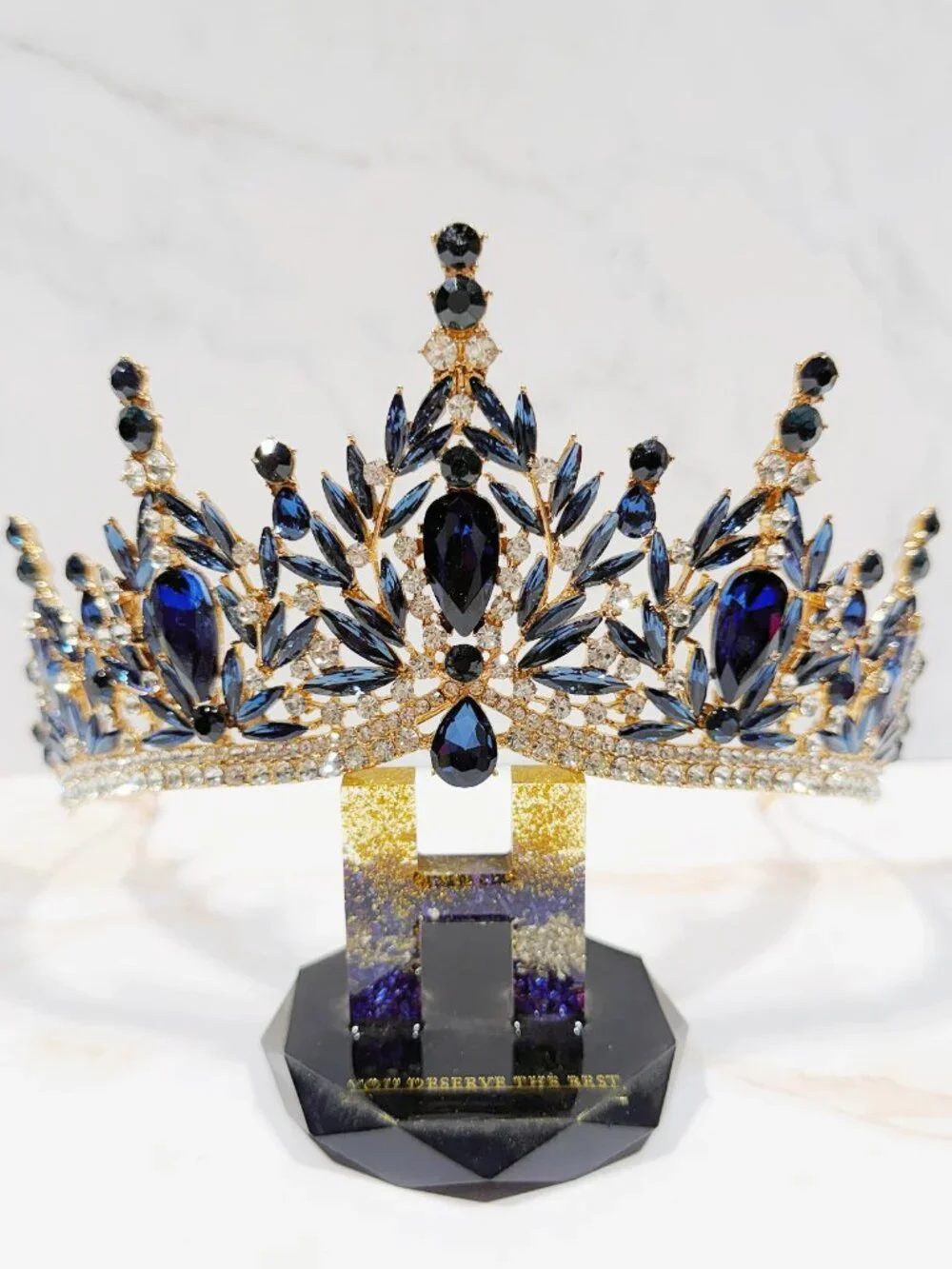Navy blue tiara, Gold Crystal Crown, Rhinestone Tiara, Formal crown headpiece